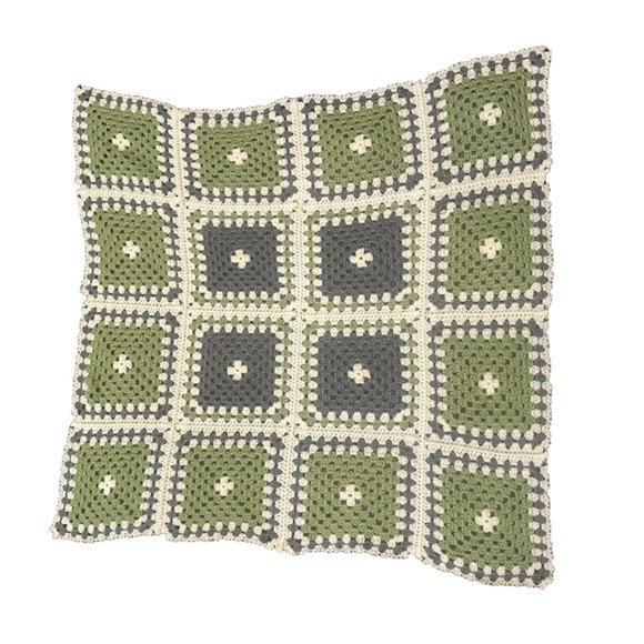 Handmade Knit Crochet Throw Blanket Afghan Granny Square Cream Grey Green 37x37 - Picture 1 of 9